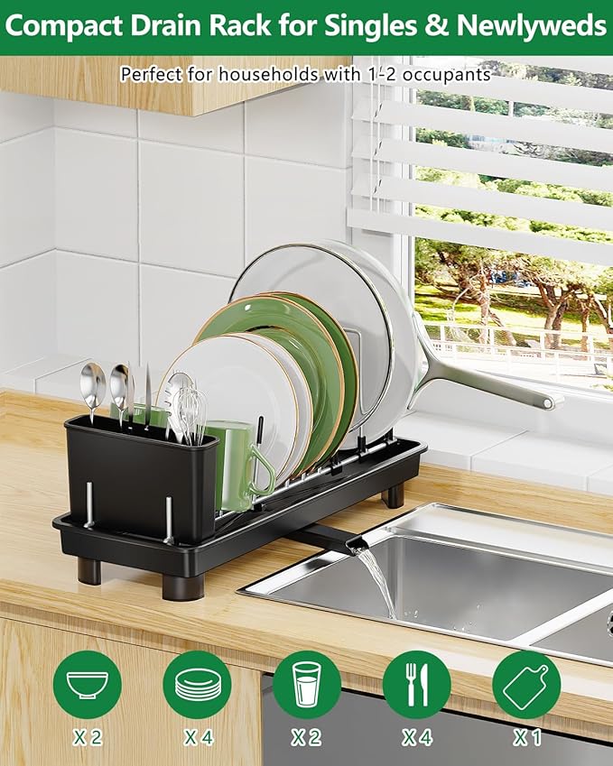 Small Dish Drying Rack, Compact Dish Rack for Kitchen Counter, Space Saving Plate Rack, Dish Strainer with Cutlery Holder, Black