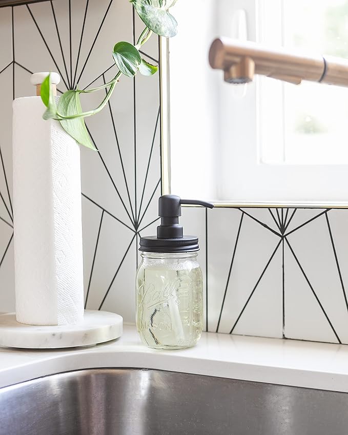 Jarmazing Products Mason Jar Soap Dispenser - Black - with 16 Ounce Ball Mason Jar - Made from Rust Proof Stainless Steel - Two Pack
