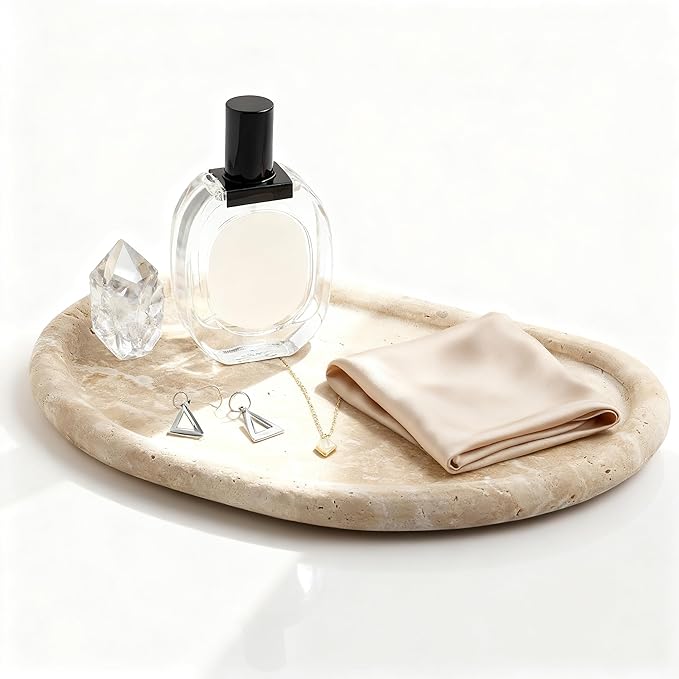 Natural Travertine Tray, Special-Shaped Jewelry Tray, Marble Ring Dish for BathroomCountertop, Nightstand,Dressing Table, Bedside Table, Home Decor, Beige(Middle)(NS025)