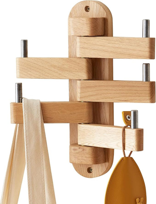Swivel Coat Rack Oak Coat Hooks, Wood Wall Hooks with 5 Swivel Foldable Arms, 12'' Length Wall Coat Rack Hat Hooks for Bathroom Entryway Bedroom Office Kitchen, Heavy Duty (Natural)