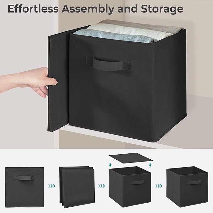 11 Inch Fabric Storage Cubes, Sturdy Foldable Storage Bins, Heavy Duty Cube Organizer for Clothes, Blankets, Shelves, Closets, Bedroom, Living Room, Black, 4 Pack