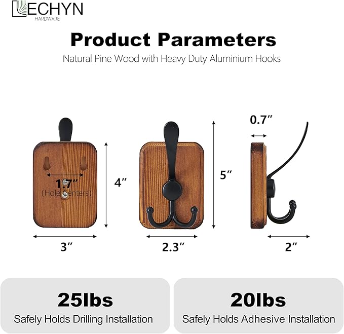 4 Pack Rustic Coat Hooks Wall Mount, Farmhouse Towel Hooks for Bathrooms, Heavy Duty Adhesive Mounted & Drill Mount Decorative Wood Wall Hooks for Hanging Towel Robe Backpack (Brown)