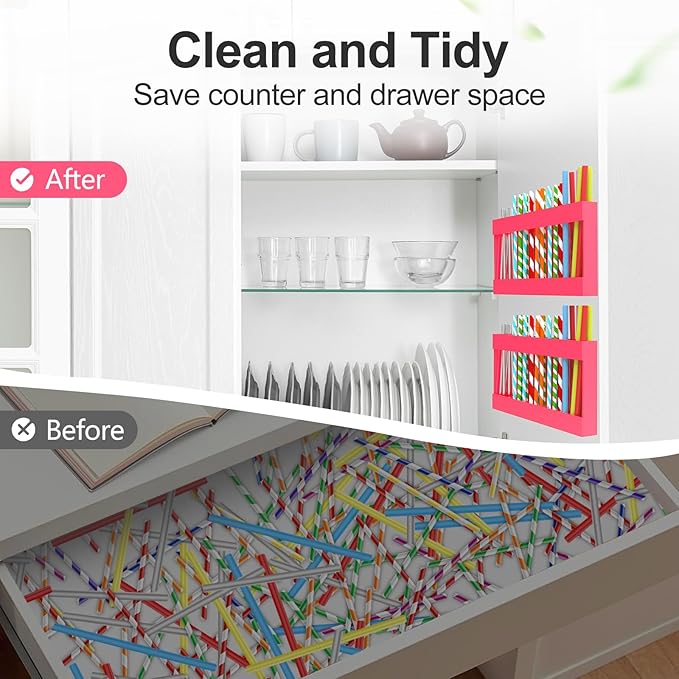 2 Pack 9.5” Large Acrylic Straw Holder for Cabinet Door with Detachable Ultra Sticky Adhesive Squares and Stickers, 2026 Reusable Straws Organizer Storage Dispenser for Kitchen Counter Cupboard