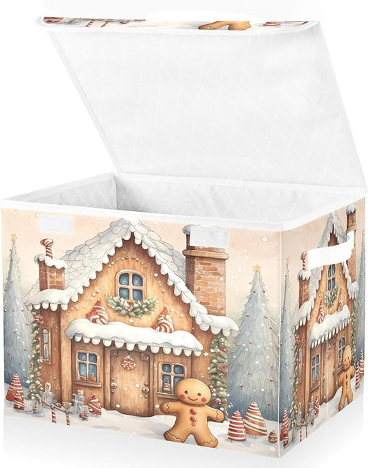 senya Christmas Baskets Collapsible Storage Bins with Lids, Christmas Snow Gingerbread Man Storage Boxes Clothes Baskets for Organizing, B06D22020