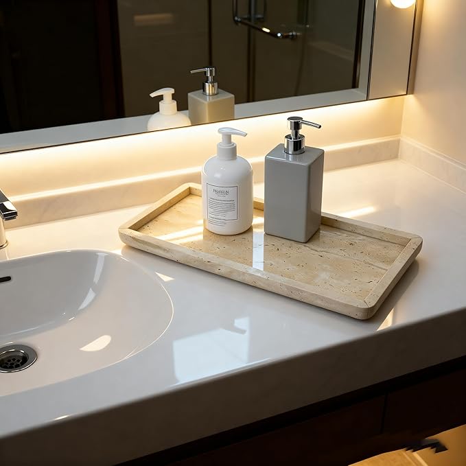 Natural Marble Travertine Vanity Tray, 12 x 6 inch Home Decor Tray for Home,Bathroom, Kitchen, Dresser, Coffee Table, Sink Storage Holder Organizer,Beige Travertine(NS015)