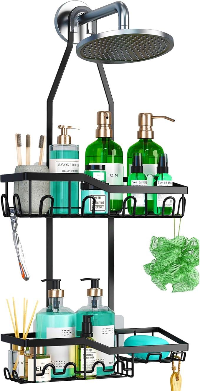 Shower Caddy Hanging,Rustproof Anti-Swing Shower Organizer,2 Tier Hanging Bathroom Caddy Anti-swing and Non-slip,Bathroom Organizer with 18 Hooks for Razor/Sponge