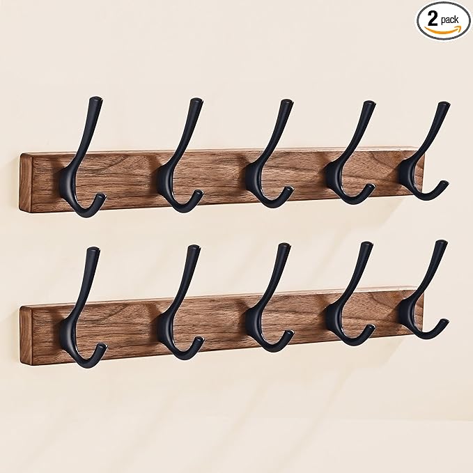 2 Pack 17.3" Small Walnut Wood Coat Rack Wall Mount with 5 Hooks, Heavy Duty Wooden Jacket Hanger Door Mounted for Decorative Entryway and Bathroom Hanging Towel Backpack Purse Clothes Hat Key
