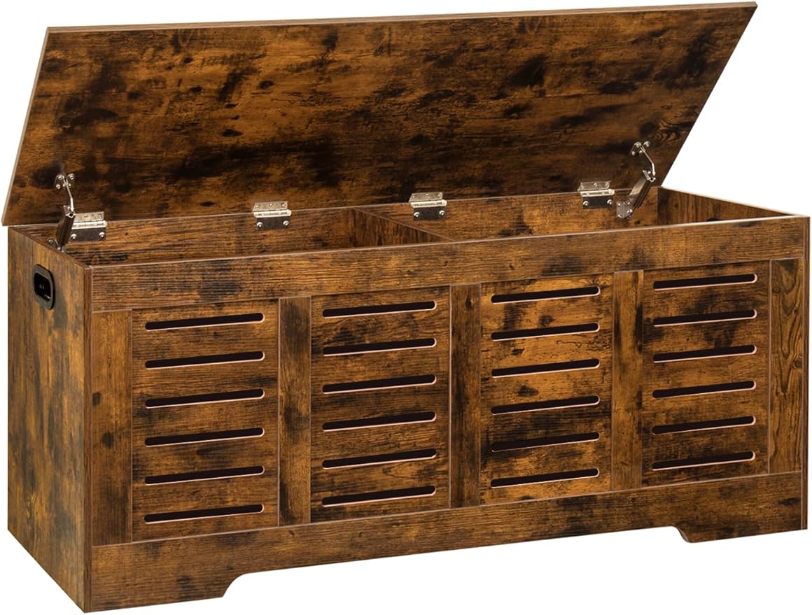 DINZI LVJ Storage Chest, 47.3â Wooden Toy Box with 2 Safety Hinges, Retro Entryway Shoe Storage Bench with Flip-Top, Sturdy Large Storage Trunk for Living Room, Bedroom, Easy Assembly, Rustic Brown