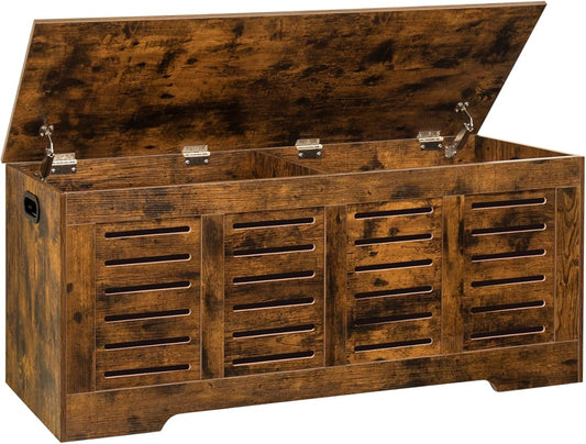 DINZI LVJ Storage Chest, 47.3â Wooden Toy Box with 2 Safety Hinges, Retro Entryway Shoe Storage Bench with Flip-Top, Sturdy Large Storage Trunk for Living Room, Bedroom, Easy Assembly, Rustic Brown