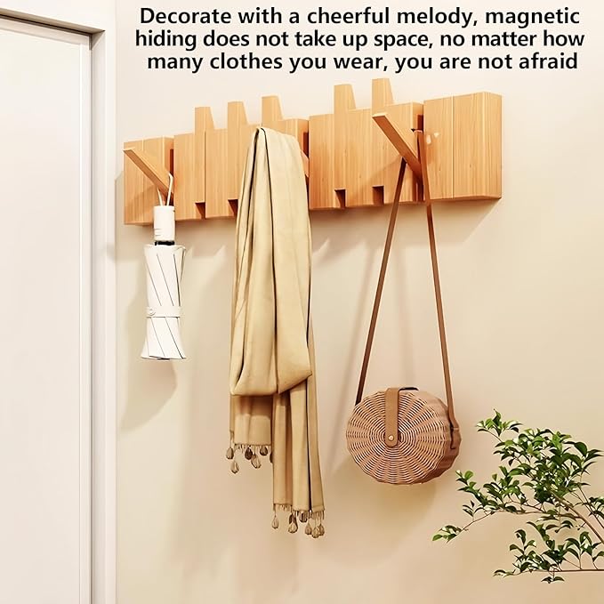 Wall Mounted Coat RackHooks Piano Key Hangers Natural Solid Wood Hanger Non-Woven Fabric Clothes Hangers for Closet, Kitchen, Bedroom, Bathroom, Entryway (Beech, 12 Hooks)