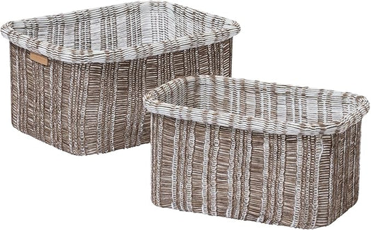 La Jolie Maison Blended Fabric Storage Baskets Set of 2, Rectangle Knitted Baskets for Organizing, Boho Decorative Baskets, Unique Design, Durable Finish, Mocha