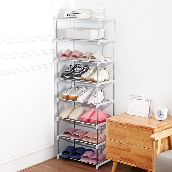 Small Shoe Rack, Narrow Stackable Shoe Shelf Organizer for Entryway, Doorway and Bedroom Closet (4-Tier, White)