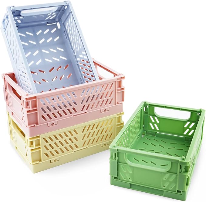4 Pack Mini Plastic Baskets for Shelf Storage Organizing, Small Plastic Baskets, Folding Storage Crate for Home Kitchen Classroom Bedroom Bathroom Office (5.9 x 3.8 x 2.2 in)