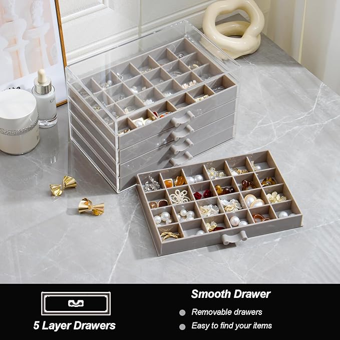 Earring Storage Box Organizer, Acrylic Jewelry Storage Box Holder 5 Drawers Transparent Jewelry Display Stand with 120 Small Compartments Gift Boxes for Women Girls (Gray)
