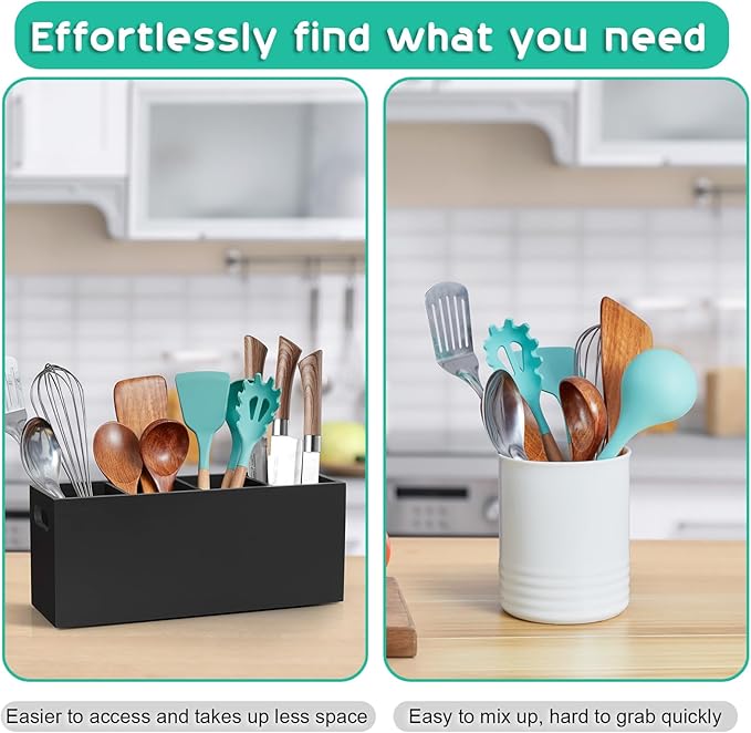 ALELION Large Utensil Holder with Removable Divider - 4 Compartment Wooden Utensil Caddy Organizer for Kitchen Counter - Black Cooking Utensil Crock for Countertop