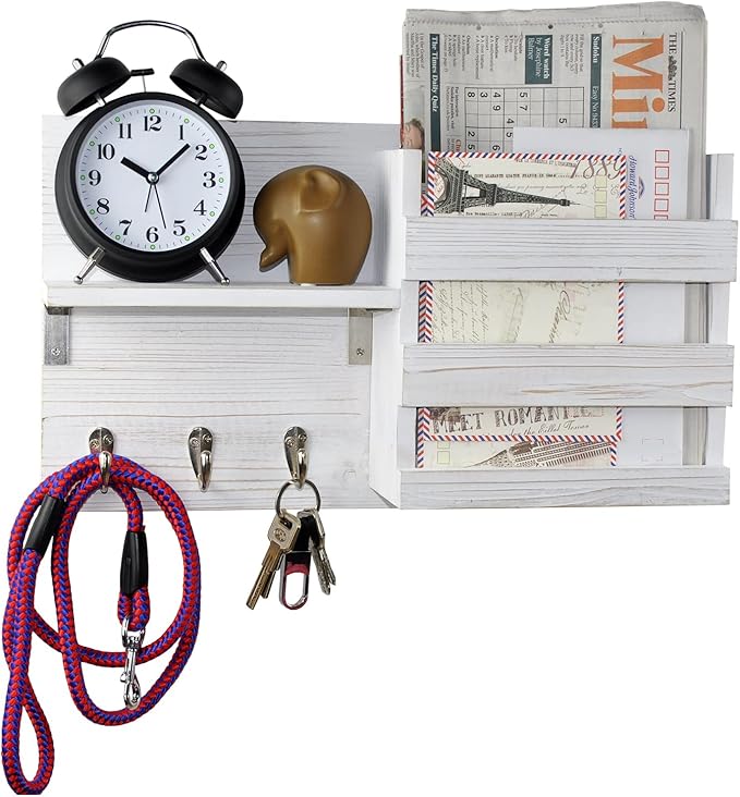 Spiretro Wall-Mounted Key Hooks Holder and Mail Sorter - Rustic Wood White - Entryway Organizer for Letters, Leashes, and Purses - Floating Shelf, 16.5” W x 9.75" H x 4.5” D