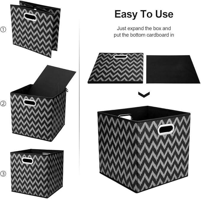 Collapsible Cube Storage Bins Chevron Pattern Cloth Square Storage Baskets Black Storage Inserts Cube 13x13 x 13 in Foldable Strorage Boxes Folding Fabric Drawer for Organizers Shelf Closet,QY-SC03-6