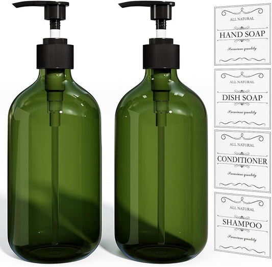 Green Soap Dispenser, Dish & Hand Soap Dispenser Set for Bathroom & Kitchen, Refillable Pump Bottle Dispenser, Plastic Empty Soap and Lotion Dispenser for Liquid, 2 Pcs