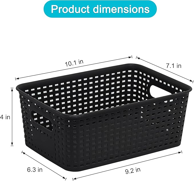 Soddeph 6 Pack Plastic Storage Baskets with Handles,Stackable Organizer Bins for Closet, Bathroom, Kitchen, Office, Shelf and Cabinet Organization (Black, Grid-6PACK)