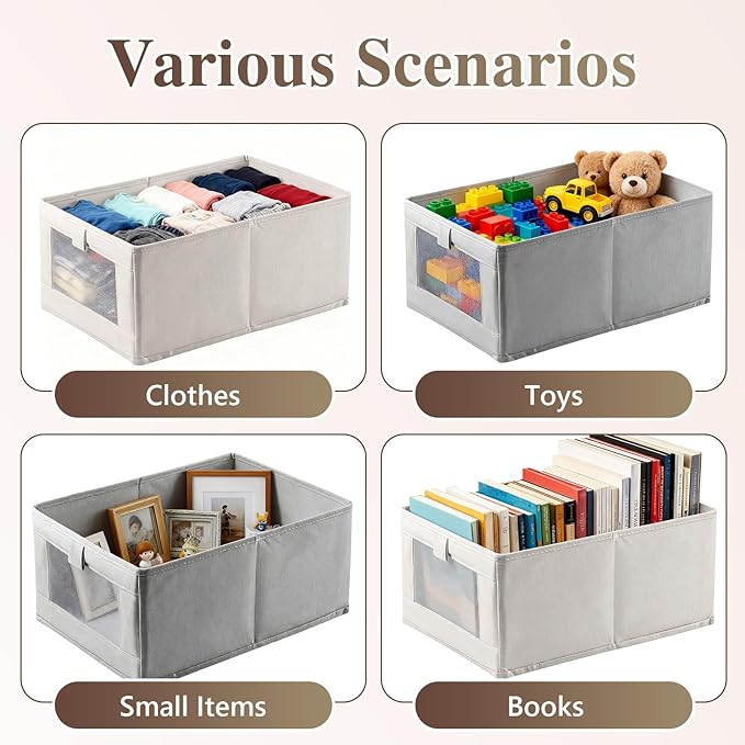 Linen Closet Organizers and Storage, 4 Pack Storage Bins Linen Clothing Organizer Baskets with Mesh Window, Foldable Closet Organizer for Clothing, Towels, Toys, Nursery, Books, Shelves (Beige)