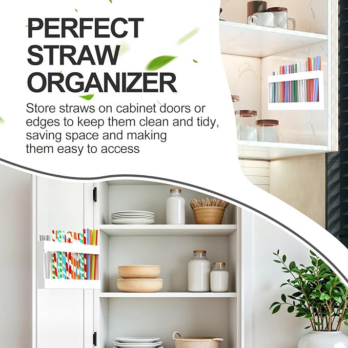 2 Pack 9.5” Large Acrylic Straw Holder for Cabinet Door with Detachable Ultra Sticky Adhesive Squares and Stickers, 2026 Reusable Straws Organizer Storage Dispenser for Kitchen Counter Cupboard