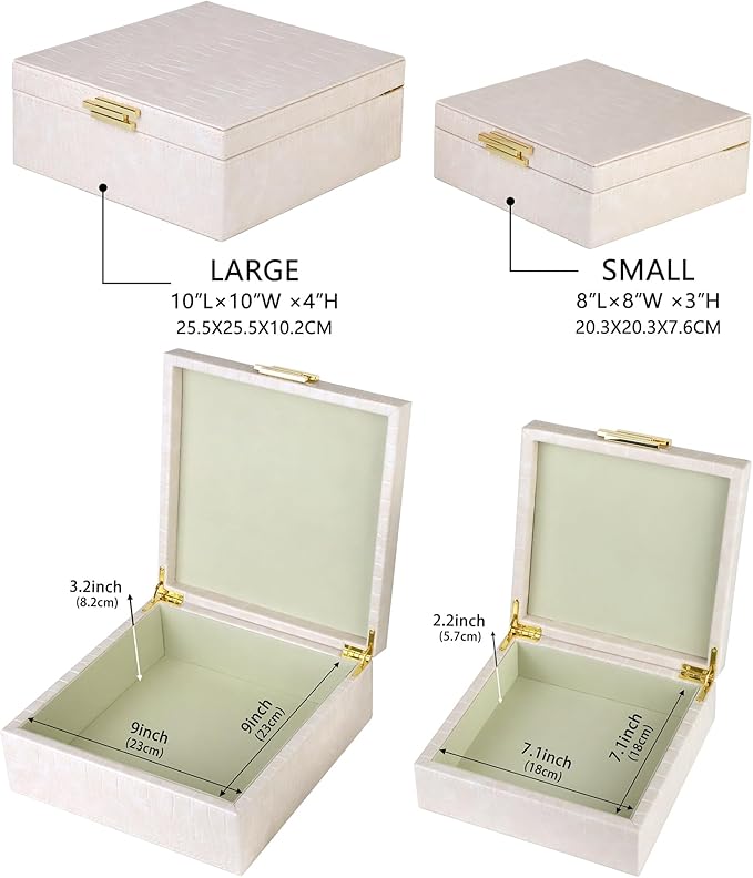 HofferRuffer Square Decorative Boxes, Set of 2 Nesting Storage Memory Keepsake Boxes with Lids, Stylish PU Leather Trinket Jewelry Organizer Box for Home Decor and Storage (CreamWhite Croco)