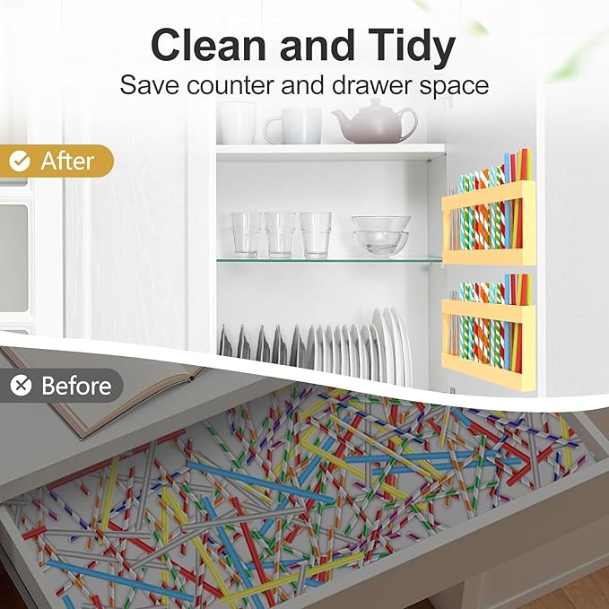 2 Pack 9.5” Large Acrylic Straw Holder for Cabinet Door with Detachable Ultra Sticky Adhesive Squares and Stickers, 2026 Reusable Straws Organizer Storage Dispenser for Kitchen Counter Cupboard