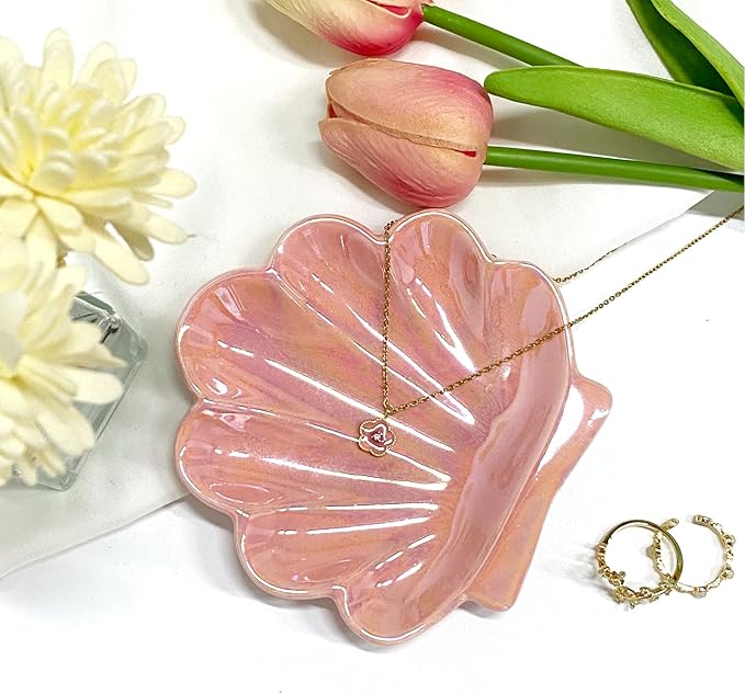 Sea Shell Jewelry Dish, Ceramic Seashell Jewelry Holder, Cute Organizer Plate Vanity Decorations Accessories for Home Bathroom Decor Birthday Mother's Day Christmas Gift for Women