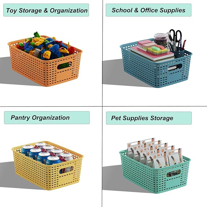 Plastic Storage Basket for Organizing 12 Pack Small Colored Storage Bins Container for Shelves, Colorful Shelf Baskets with Handles for Organization