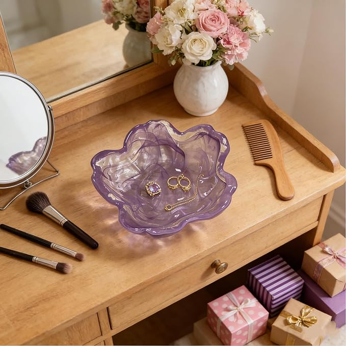 Flower Ring Dish Jewelry Tray, Glass Jewelry Dish Tray, Aesthetic Room Decor Small Trinket Dish, Nightstand Ring Holder Dish, Bathroom Jewelry Plate Bowl for Earrings (Watercolor Violet Purple)