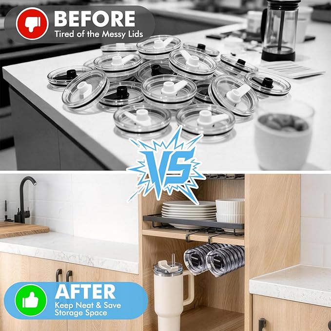2 Pack Tumbler Lid Organizer, Under Cabinet Cup Lid Holder - Heavy Duty Iron with Anti-Rust Coating, Holds 10+ Lids , No Drill Space-Saving Kitchen Bathroom Organizer for 20-40 oz Tumbler Lids, Black