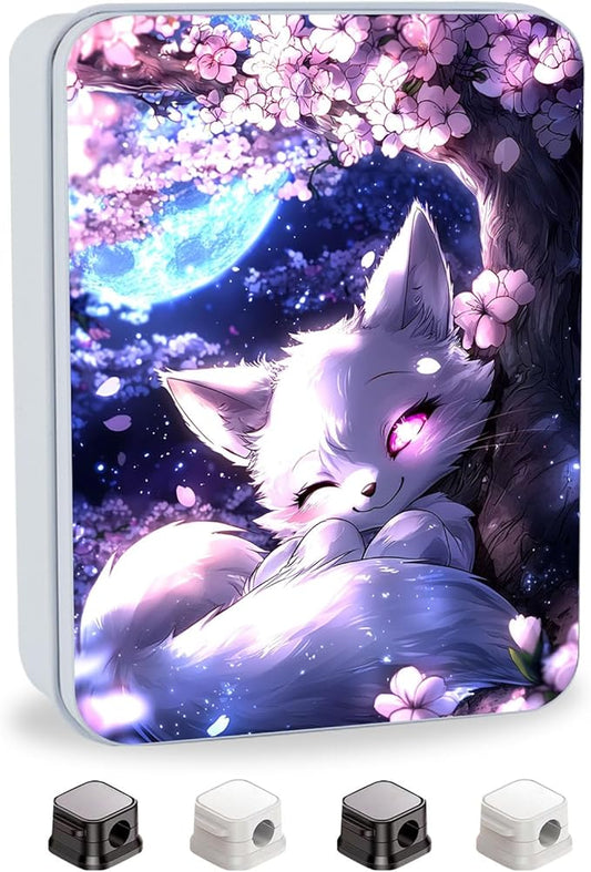 Metal Tin Box with Lid,Multi-functional Storage Box Can Store Tea Biscuits Game Cards, Playing & Tarot Cards-Comes with 4 Magnetic Cord Clips,White Fox Cherry Tree