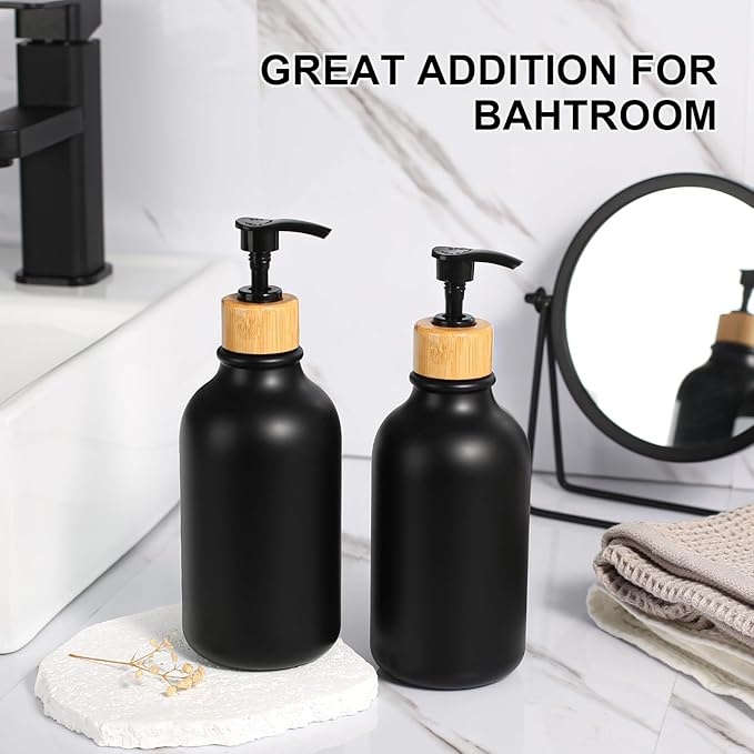 Hand Soap Dispenser Bathroom, Black Dish Soap Dispenser for Kitchen, 17 Fl Oz Plastic Hand and Dish Soap Dispensers Set with Bamboo Pump, 2 Pack Refillable Liquid Lotion Containers Bottle
