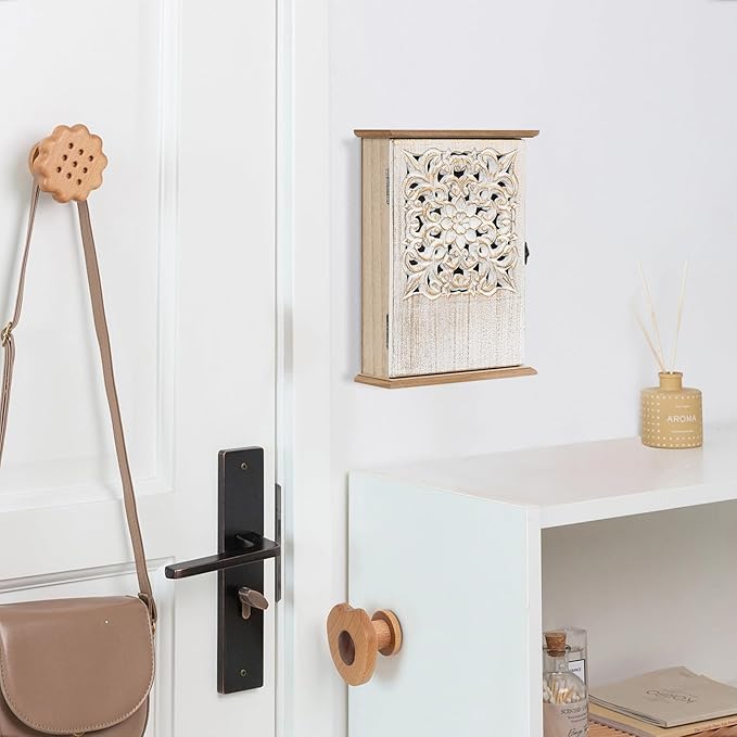 Key Holder for Wall Decorative Key Box Key Cabinet, Wooden Key Hooks Wall Mounted Key Hangers Rustic Key Rack with 6 Key Hooks for Home Office Entryway, Christmas Housewarming Gift