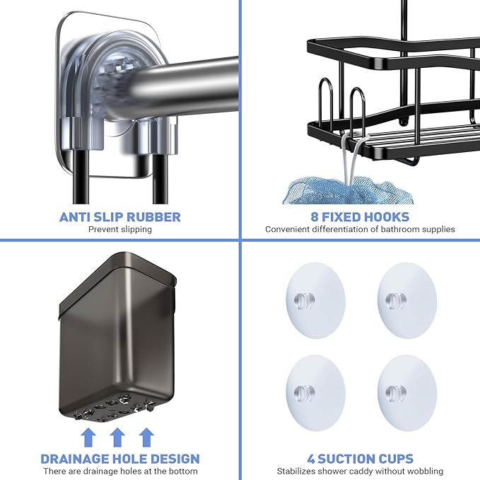 Hanging Shower Caddy Bathroom Organizer: Rustproof Shower Shelf Racks Over Shower Head - No Drilling Inside Bath Shower Rack Shelves Over Showerhead for Shampoo with Soap Holder Black