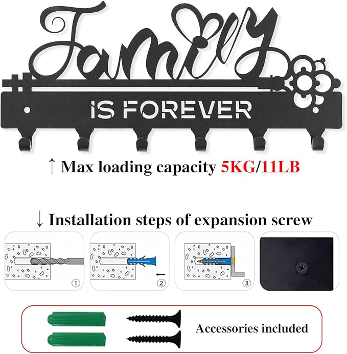 ”Family is Forever”Key Holder Wall Mounted,Key Holder on Wall,Black Metal Decorative Key Rack Hooks for Garage,Mudroom,Hallway,Entryway,Front Door,Office(Normal Size:28x12.3cm)