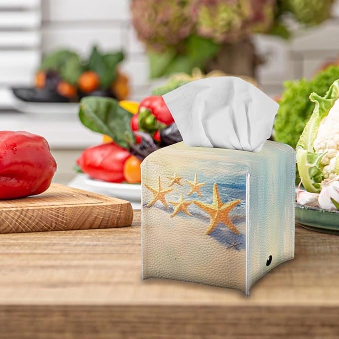 Beach Starfish Tissue Box Covers Foldable Square Facial Tissue Case Waterproof Facial Paper Organizers Dispenser for Bathroom Night Stand