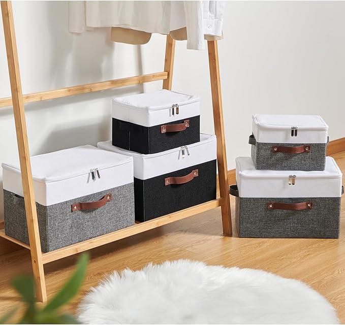Storage Boxes with Zipper Lid Cotton Linen Fabric Lidded Storage Bins Baskets Foldable Washable Closet Shelf Clothes Organizer Container Faux Leather Handles (Black White, Small)
