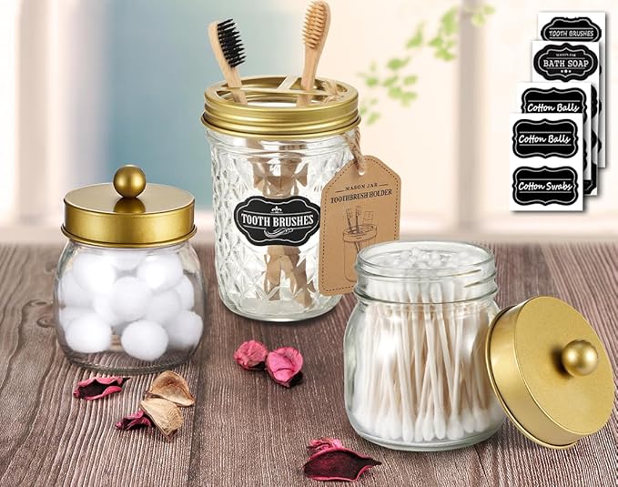 Mason Jar Bathroom Accessories Lids Set(4pcs) - Jars Not Included - Soap Dispenser, Apothecary Jars Lids for Regular Mouth Mason Jars, Wide Mouth Toothbrush Holder lid,-Stainless Steel,Gold