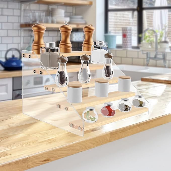 Homakover Tiered Spice Rack Acrylic Wood Board Spice Rack Organizer for Cabinet, Seasoning Organizer Spice Shelf, Space Saving Clear Stand Step Can Organizer for Kitchen Countertop Storage, 5 Tier