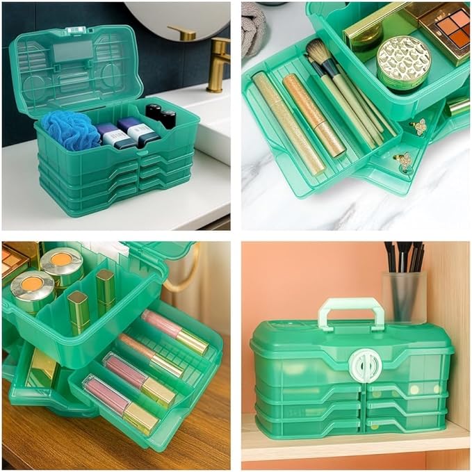 Best Kept Portable Cosmetic Organizer with Compartments | Makeup Organizer Box For Vanity | Skin Care | Jewelry | Cosmetic Train Case | Hair & Grooming Storage Case | Green translucent
