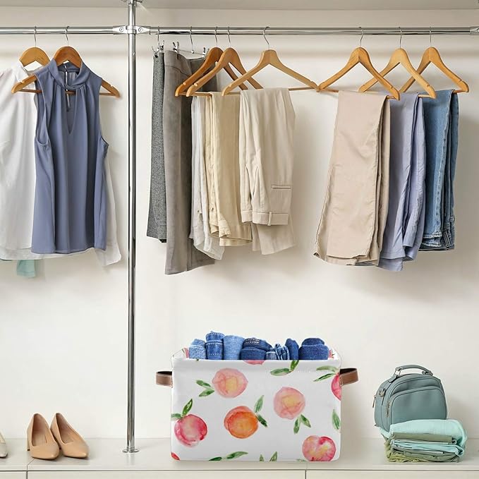 susiyo Large Foldable Storage Bin, Watercolor Peaches Fabric Storage Baskets Collapsible Decorative Baskets Organizing Basket Bin with PU Handles for Shelves Home Closet Bedroom Living Room-2Packs