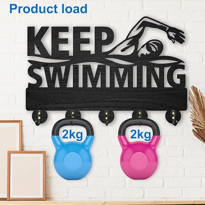 MAYJOYDIY Swimming Wall Mount Coat Rack Key Holder 11.8×8inch Wood Wall Coat Rack Hooks Coat Hooks 5 Alloy Hooks Keep Swimming Wall Hooks for Hanging Swimming Caps Goggles Home Decor Gift