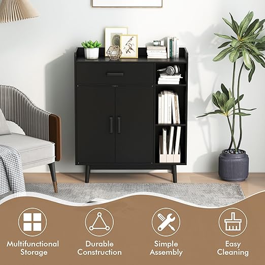 Giantex Floor Storage Cabinet, Freestanding Cupboard with 1 Drawer, 2 Doors, 3 Shelves, 4 Rubber Wood Legs, Sideboard, Entryway Unit for Home Office, Living Room, Storage Organizer (Black)