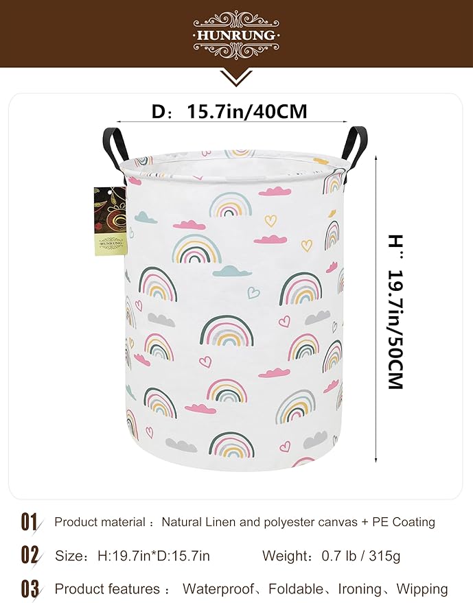 HUNRUNG Laundry Hamper,Large Canvas Fabric Lightweight Storage Basket Toy Organizer Dirty Clothes Collapsible Waterproof for College Dormsï¼Round-Rainbowï¼
