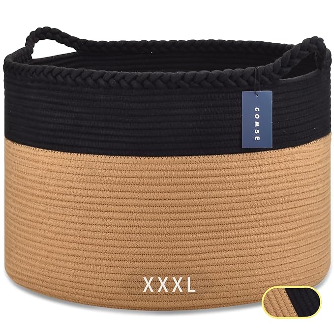 COMSE Extra Large Blanket Basket, Woven Laundry Basket, 21.7âx 13.8â, Nursery Hamper, Cotton Rope Laundry Hamper Living Room for Storage Toys Clothes Towels (Black & Camel)