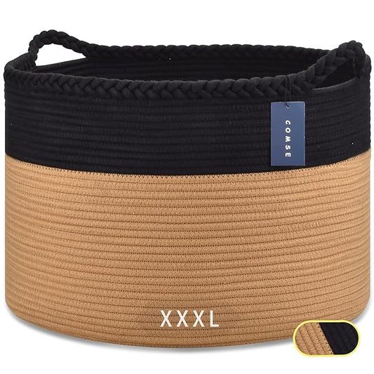 COMSE Extra Large Blanket Basket, Woven Laundry Basket, 21.7âx 13.8â, Nursery Hamper, Cotton Rope Laundry Hamper Living Room for Storage Toys Clothes Towels (Black & Camel)