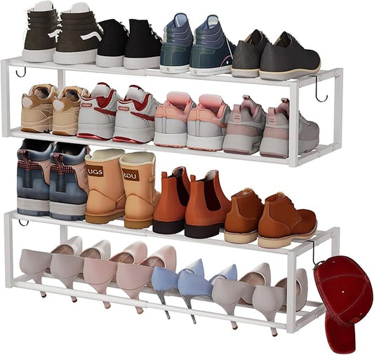2 Pack Expandable Wall Mounted Shoe Rack, 17"-31" Adjustable Hanging Shoe Rack Holds 16 Pairs, Heavy Duty Metal Shoe Holder with 4 Storage Hooks, Space Saving for Entryway Closet Doorway（White