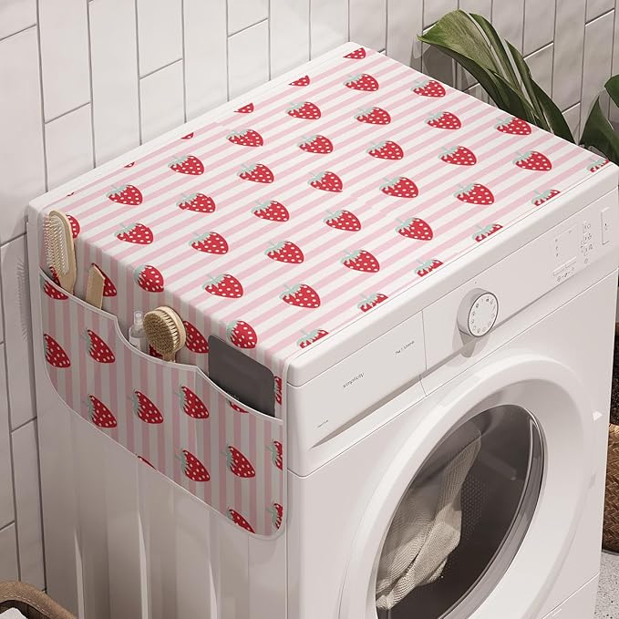 Ambesonne Strawberry Washing Machine Organizer Pack of 2, Girlish Pattern with Tasty Fruits on Stripes, Anti-Slip Cover for Washers Dryers, 47" x 18.5", Pink Seafoam