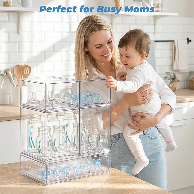 Baby Bottle Organizer, 5 Pack Stackable Storage Dust-proof Drawers, Clear Plastic Bottle Station Organizer for Countertop & Cabinet, Pacifier and Diaper Container for Nursery